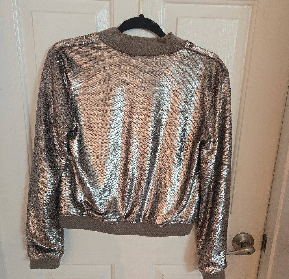 GUESS Metallic Silver Sequin Bomber Jacket - Picture 3 of 3